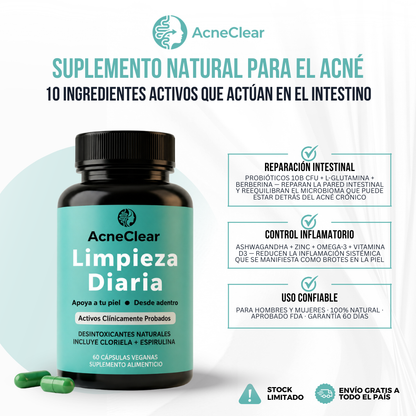 AcneClear™ | 10 ingredientes activos en 3 mecanismos para apoyar la salud intestinal y mejorar la apariencia del acné desde adentro