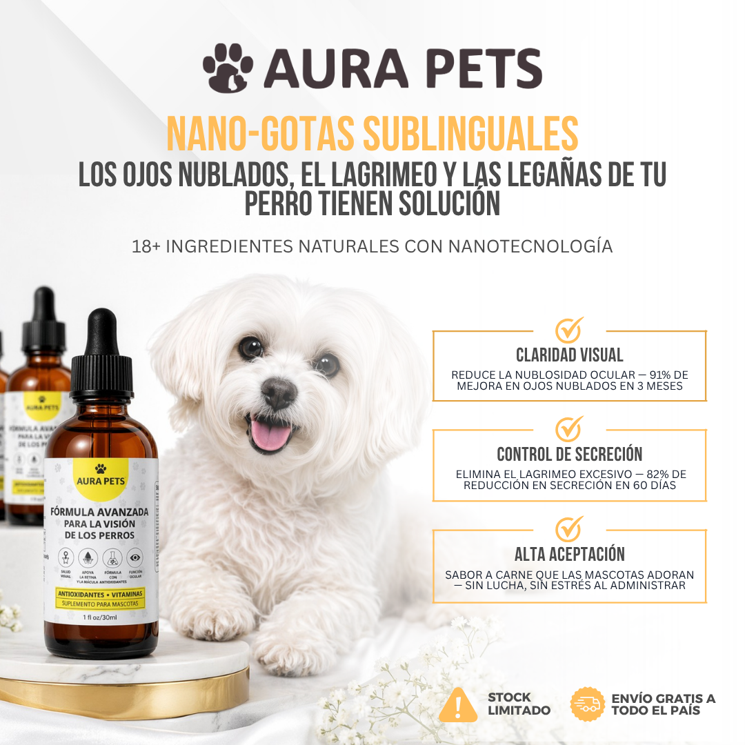 AuraPets™ Nano-Gotas Sublinguales para Ojos de Mascota — Ojos Nublados, Lagrimeo y Legañas