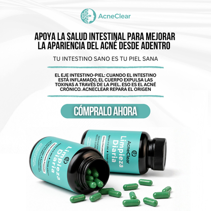AcneClear™ | 10 ingredientes activos en 3 mecanismos para apoyar la salud intestinal y mejorar la apariencia del acné desde adentro