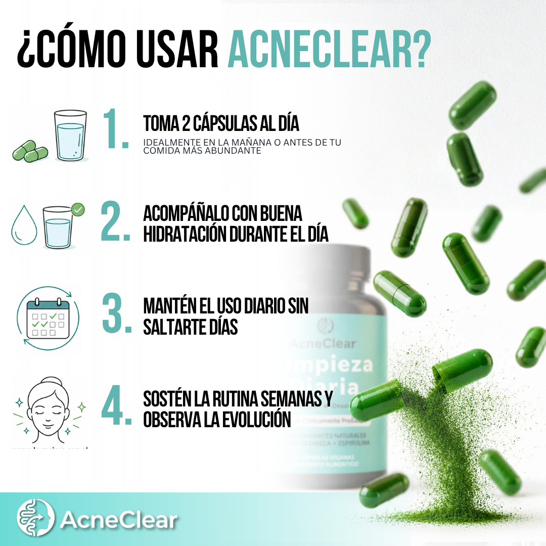 AcneClear™ | 10 ingredientes activos en 3 mecanismos para apoyar la salud intestinal y mejorar la apariencia del acné desde adentro