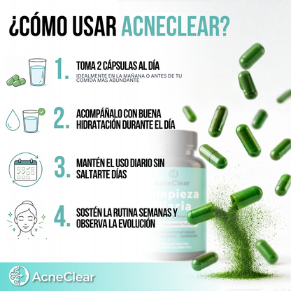 AcneClear™ | 10 ingredientes activos en 3 mecanismos para apoyar la salud intestinal y mejorar la apariencia del acné desde adentro