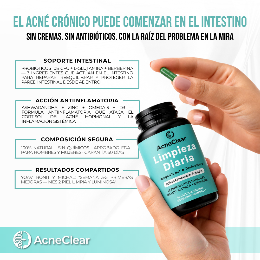 AcneClear™ | 10 ingredientes activos en 3 mecanismos para apoyar la salud intestinal y mejorar la apariencia del acné desde adentro