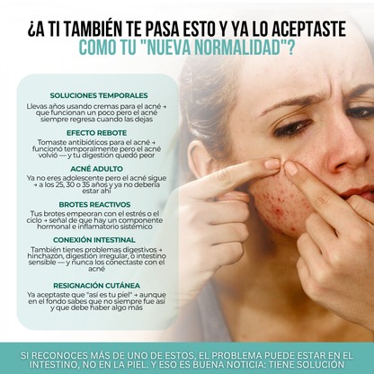 AcneClear™ | 10 ingredientes activos en 3 mecanismos para apoyar la salud intestinal y mejorar la apariencia del acné desde adentro